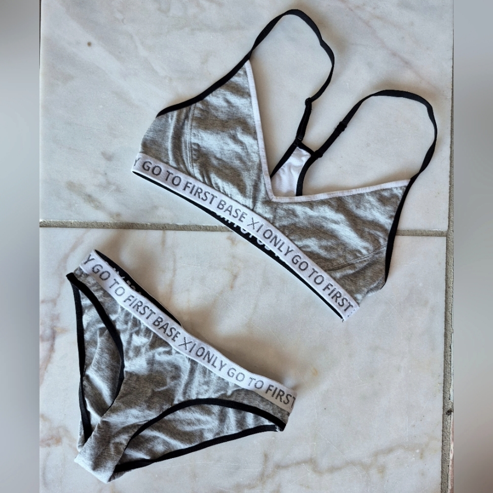 First Base Bralette NWOT Bikini Brief Grey And White Lounge Set